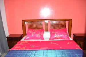 ein rotes Schlafzimmer mit einem Bett mit zwei rosa Kissen in der Unterkunft Vegas House in Jaunde