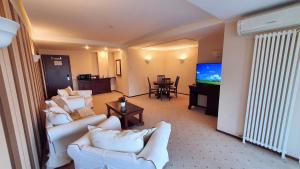 un soggiorno con divani e TV a schermo piatto di Apartament 2706 Alpin Resort, etaj 7, Poiana Brașov a Poiana Brasov
