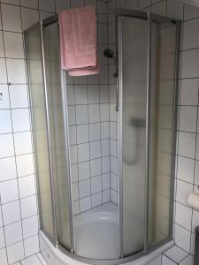 um chuveiro com uma porta de vidro na casa de banho em Feriendomizil Nr. 3 em Homburg