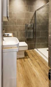 a bathroom with a sink and a toilet and a shower at Cosy Studio in Central Reading in Reading
