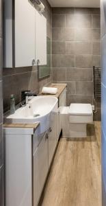 a bathroom with a white sink and a toilet at Cosy Studio in Central Reading in Reading