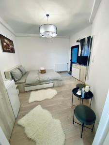 錫吉什瓦拉的住宿－Central Amelie Apartment，一间卧室配有一张床、一张桌子和地毯