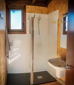 ein Bad mit einer Dusche und einem Waschbecken in der Unterkunft Casa Barros in Tui