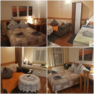 a collage of four pictures of a hotel room at Pension Elli Krössner in Hartmannsdorf