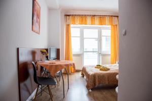 a bedroom with a table and a bed and a window at Apartament dwuosobowy203, 310,410, in Krynica Zdrój