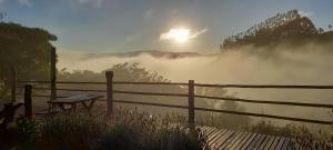 a bench next to a fence next to a body of water at Refúgio Horse in Santo Antônio do Pinhal