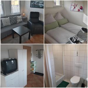 four pictures of a room with a bed and a tv at Ferienwohnung Katrin - nahe Chemnitz in Limbach - Oberfrohna