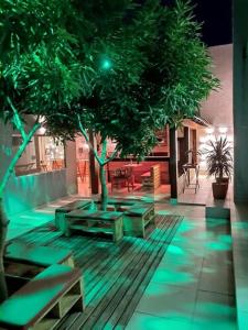 um pátio com uma árvore e bancos num edifício em TERESINA HOTEL em Teresina