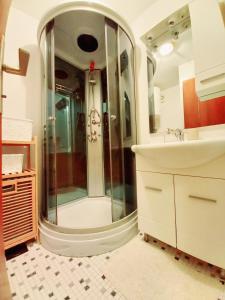 La salle de bains est pourvue d'une douche et d'un lavabo. dans l'établissement Apartman Ena & Marta, à Lovran