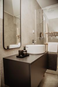 un baño con lavabo y espejo en Avenue apartment, en Slavonski Brod