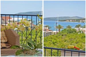 two pictures of a balcony with a view of the water at Villa Marini dvori in Trogir