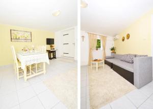 two images of a living room and a dining room at Villa Marini dvori in Trogir