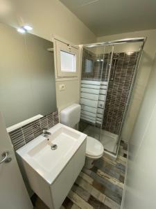 een badkamer met een wastafel, een toilet en een douche bij CAMPING LA BREVA in Dongo