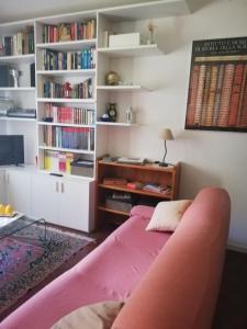 sala de estar con sofá y estanterías en Pratomagno Apartment, en Cetica