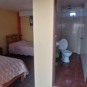 1 dormitorio con 1 cama y baño con aseo. en Hostal Puerto Alegre, en Copacabana