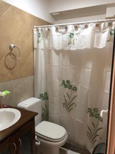 y baño con aseo y cortina de ducha. en Apart Hotel Urku Wasi en San Salvador de Jujuy