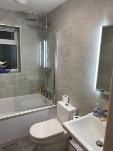 y baño con aseo, ducha y lavamanos. en Luxury Modern 2Bed Seafront Apartment in Rhos on Sea, en Colwyn Bay