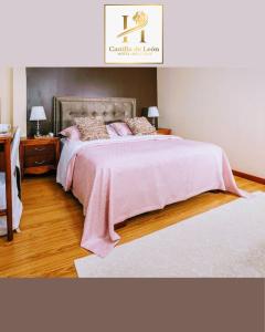 a bedroom with a large bed with a pink blanket at Hotel Boutique Castilla de Léon in Cuenca