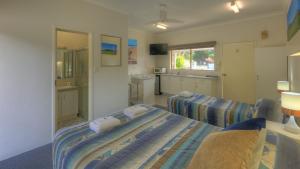 a living room with a bed and a kitchen at Yamba Motor Inn in Yamba