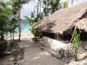 dom na plaży ze słomianym dachem w obiekcie Tranquility Island Eco Dive Resort w mieście Moso Island
