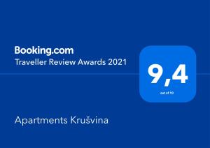 Certifikát, hodnocení, plakát nebo jiný dokument vystavený v ubytování Apartments Krušvina