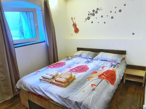 a bedroom with a bed with a violin on the wall at Sauna Apartament in Braşov