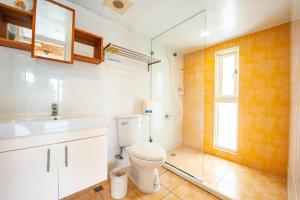 a bathroom with a toilet and a sink and a shower at Mahalo B&B in Magong