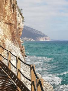 a fence on the side of a cliff near the ocean at Appartamenti Conchiglie e Stelle Marine in Cala Gonone