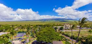 an aerial view of a resort with palm trees and a mountain at Kaanapali Shores 422 in Lahaina