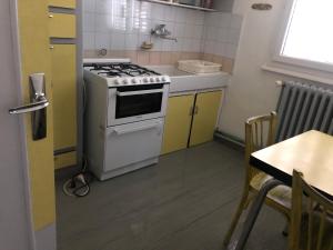 a small kitchen with a stove and a sink at Le tourbillon in La Bourboule