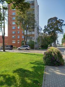 a grassy area with cars parked on a city street at Center two bedroom apartment in Daugavpils