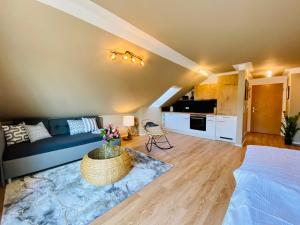 a large living room with a blue couch and a table at Ferien-Apartment Seewiesen - mit priv Strandzugang in Friedrichshafen +24 photos
