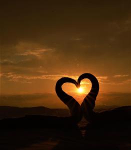 a pair of hands making a heart in front of the sunset at Peakaavu Cottages in Idukki