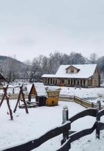 pokryty śniegiem dziedziniec z domem i ogrodzeniem w obiekcie Wrzosowa Przystań w mieście Długopole Dolne
