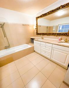 ein Badezimmer mit einer Badewanne, einem Waschbecken und einem Spiegel in der Unterkunft Stylische Wohnung mit Charme (W6) in Ravensburg