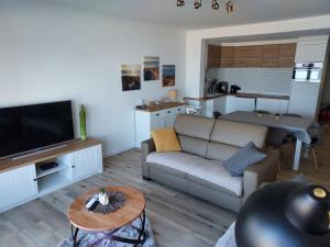 un salon avec un canapé, une télévision et une table dans l'établissement zeedijk westende, à Middelkerke