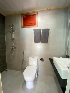 La salle de bains est pourvue de toilettes, d'un lavabo et d'une douche. dans l'établissement Si! Beach House, à Dhiffushi