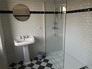 ein Bad mit einem Waschbecken und einer Glasdusche in der Unterkunft L’aile droite du château in Lebétain