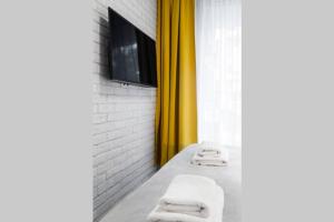 łazienka z dwoma ręcznikami i telewizorem na ścianie w obiekcie HOUSEHOST Apartment: Miodowa 42/8a Street w Krakowie