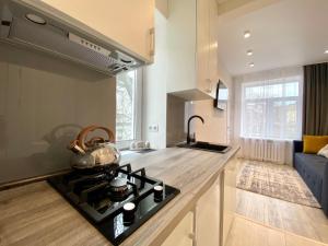a kitchen with a stove top oven next to a couch at Deribasovskaya Center Apartment in Odesa
