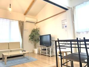 a living room with a couch and a tv at Guesthouse徳島201 in Tokushima