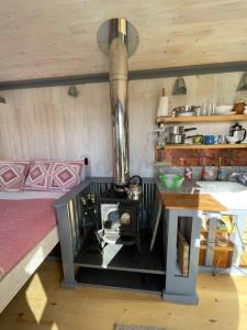 a kitchen with a stove in the corner of a room at Hidden Hut Secluded Shepherds Hut Titagel in Tintagel