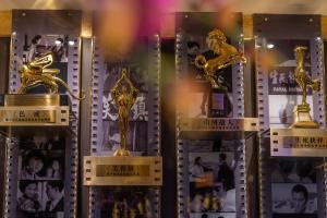 a group of trophies in a display case at Crowne Plaza Shanghai, an IHG Hotel in Shanghai