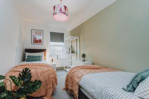 um quarto com duas camas e um vaso de plantas em ENTIRE HOUSE WITH PARKING IN RUGBY em Rugby