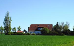 una casa con techo rojo en un campo verde en Ferienwohnungen Kleckerburg mit Me, en Kägsdorf