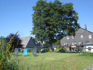 un patio con sillas, un gran árbol y una casa en B&B All Seasons en Winterberg