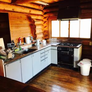 a kitchen with a stove and a sink in a cabin at NaGano-log house in Chino
