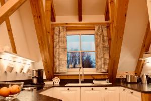 a kitchen with a sink and a window at Zum Alten Backhaus in Burg +171 photos