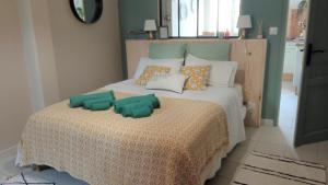 een slaapkamer met een bed met groene en oranje kussens bij T2 G dans maison en centre ville avec jardin ideal couple curistes in Balaruc-les-Bains