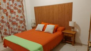 1 dormitorio con 1 cama con sábanas de color naranja y verde en Casa Las Dionisias, en Vallehermoso